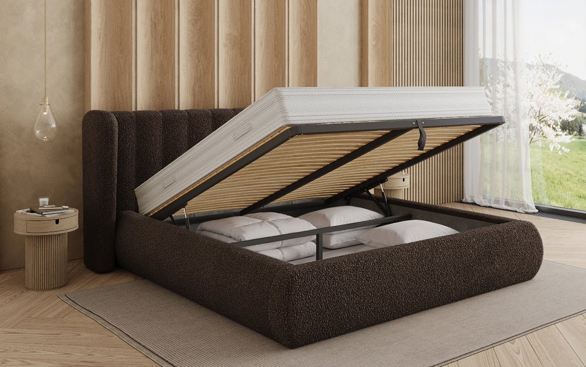 Design gestoffeerd bed Valentina Bouclé met opbergruimte