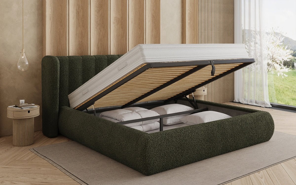 Design gestoffeerd bed Valentina Bouclé met opbergruimte