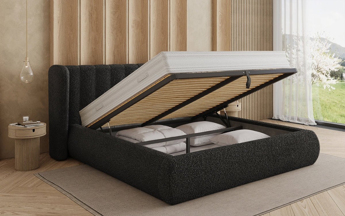 Design gestoffeerd bed Valentina Bouclé met opbergruimte