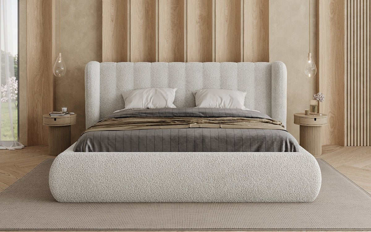 Design gestoffeerd bed Valentina Bouclé met opbergruimte