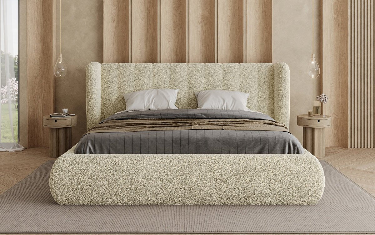 Design gestoffeerd bed Valentina Bouclé met opbergruimte