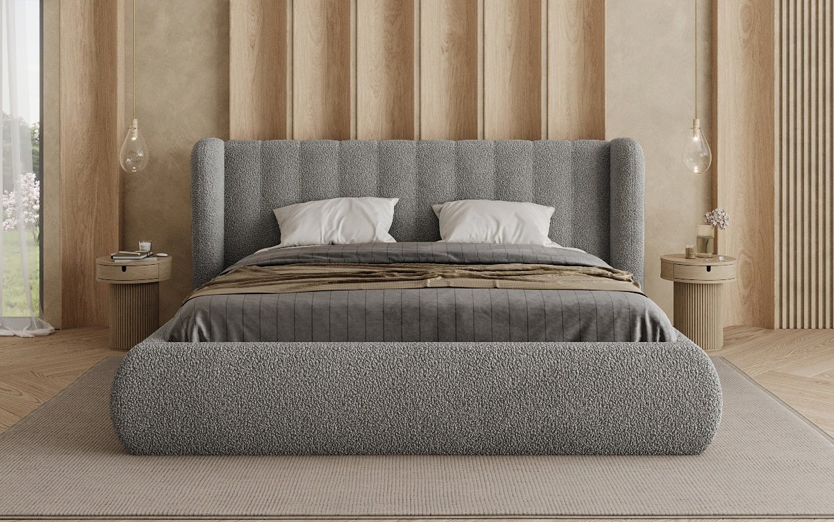 Design gestoffeerd bed Valentina Bouclé met opbergruimte