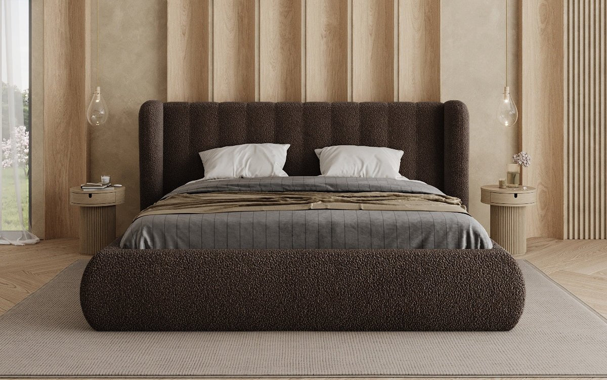 Design gestoffeerd bed Valentina Bouclé met opbergruimte