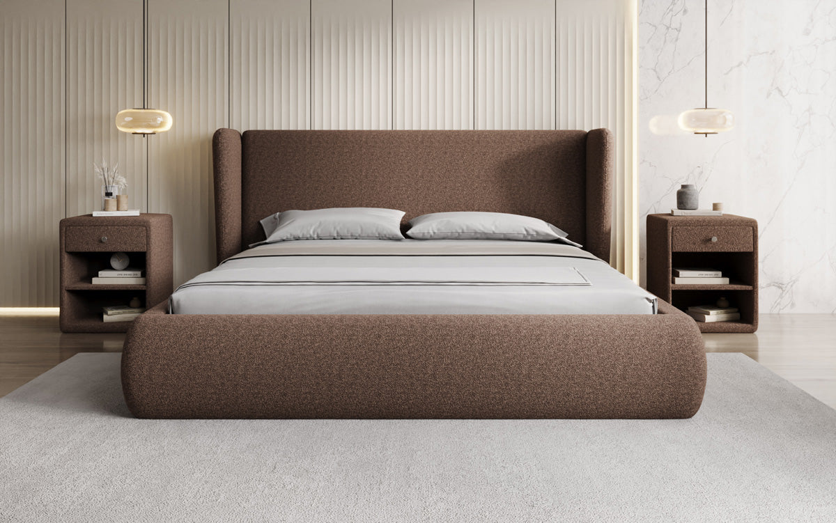 Designer gestoffeerd bed Rosalie in Teddystof Bouclé met opbergruimte