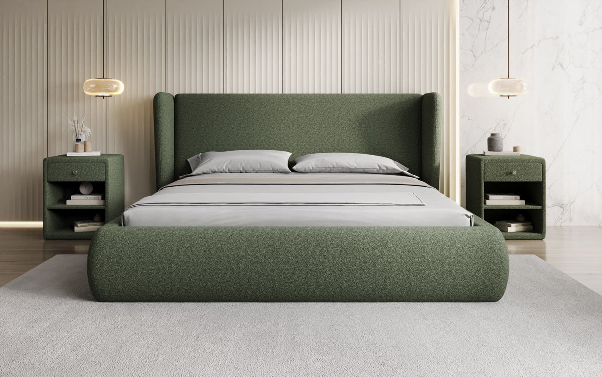 Designer gestoffeerd bed Rosalie in Teddystof Bouclé met opbergruimte