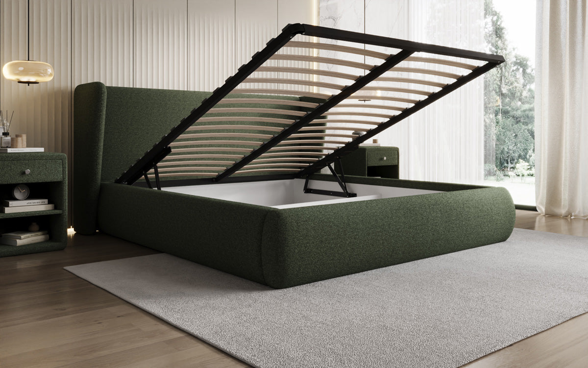 Designer gestoffeerd bed Rosalie in Teddystof Bouclé met opbergruimte