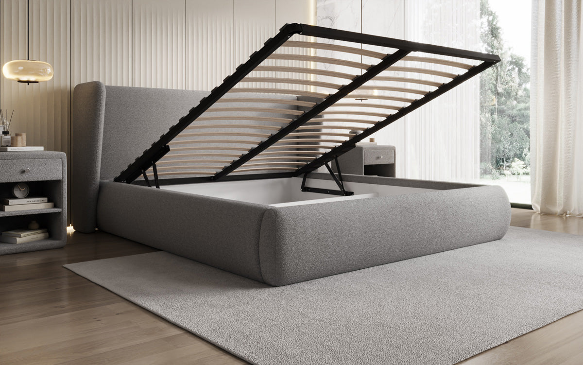 Designer gestoffeerd bed Rosalie in Teddystof Bouclé met opbergruimte