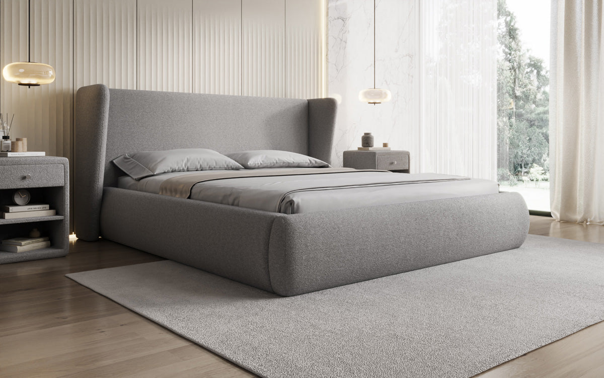 Designer gestoffeerd bed Rosalie in Teddystof Bouclé met opbergruimte