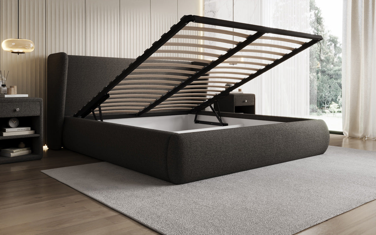 Designer gestoffeerd bed Rosalie in Teddystof Bouclé met opbergruimte