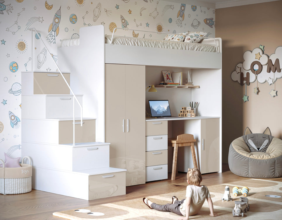 Kinderhoogslaper Dream hoogglans – met bureau, veel opbergruimte & matras