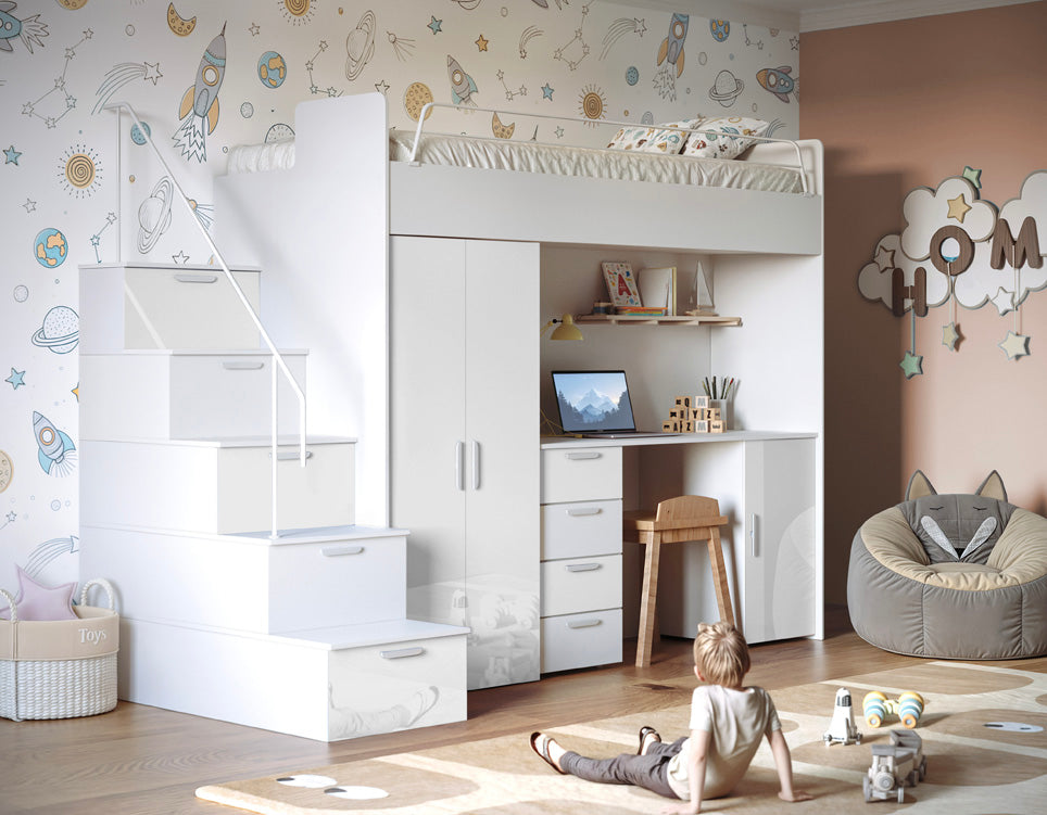 Kinderhoogslaper Dream hoogglans – met bureau, veel opbergruimte & matras