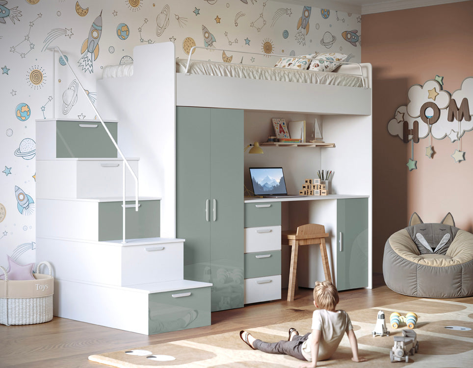 Kinderhoogslaper Dream hoogglans – met bureau, veel opbergruimte & matras