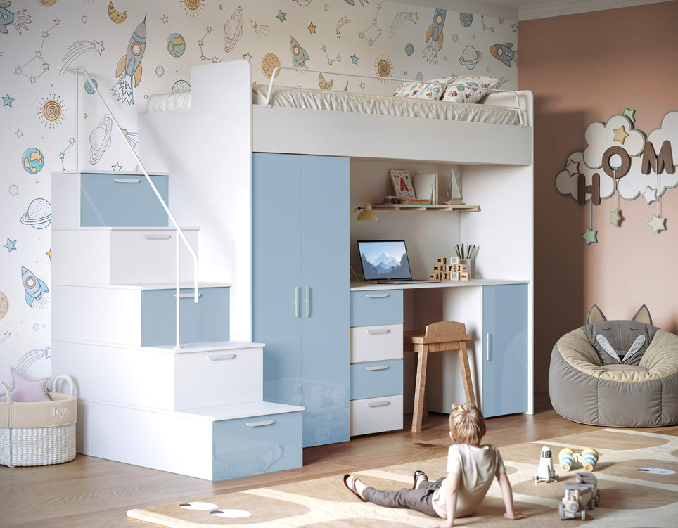 Kinderhoogslaper Dream hoogglans – met bureau, veel opbergruimte & matras