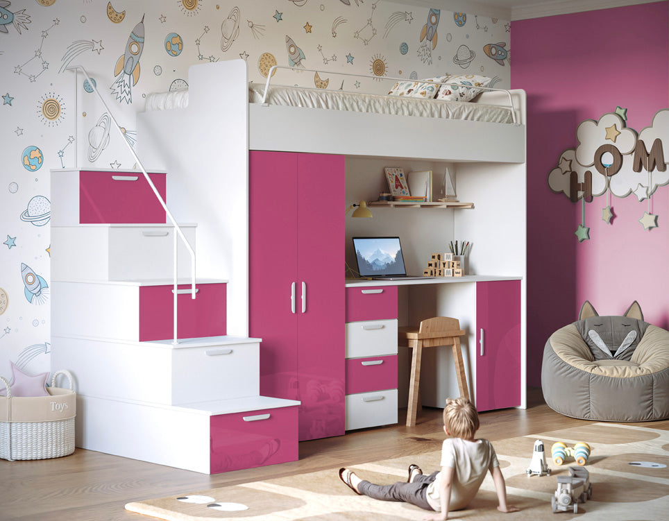 Kinderhoogslaper Dream hoogglans – met bureau, veel opbergruimte & matras
