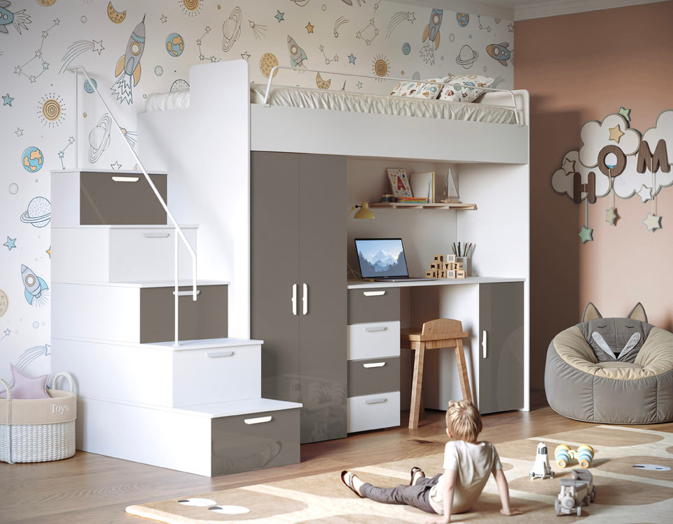 Kinderhoogslaper Dream hoogglans – met bureau, veel opbergruimte & matras