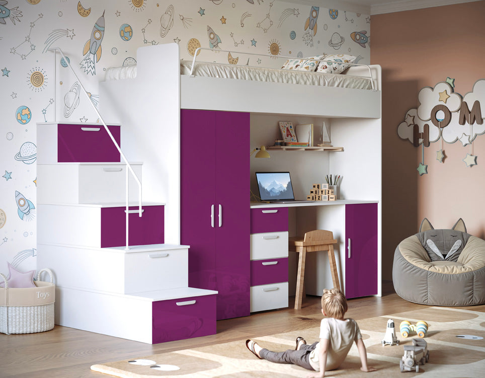 Kinderhoogslaper Dream hoogglans – met bureau, veel opbergruimte & matras