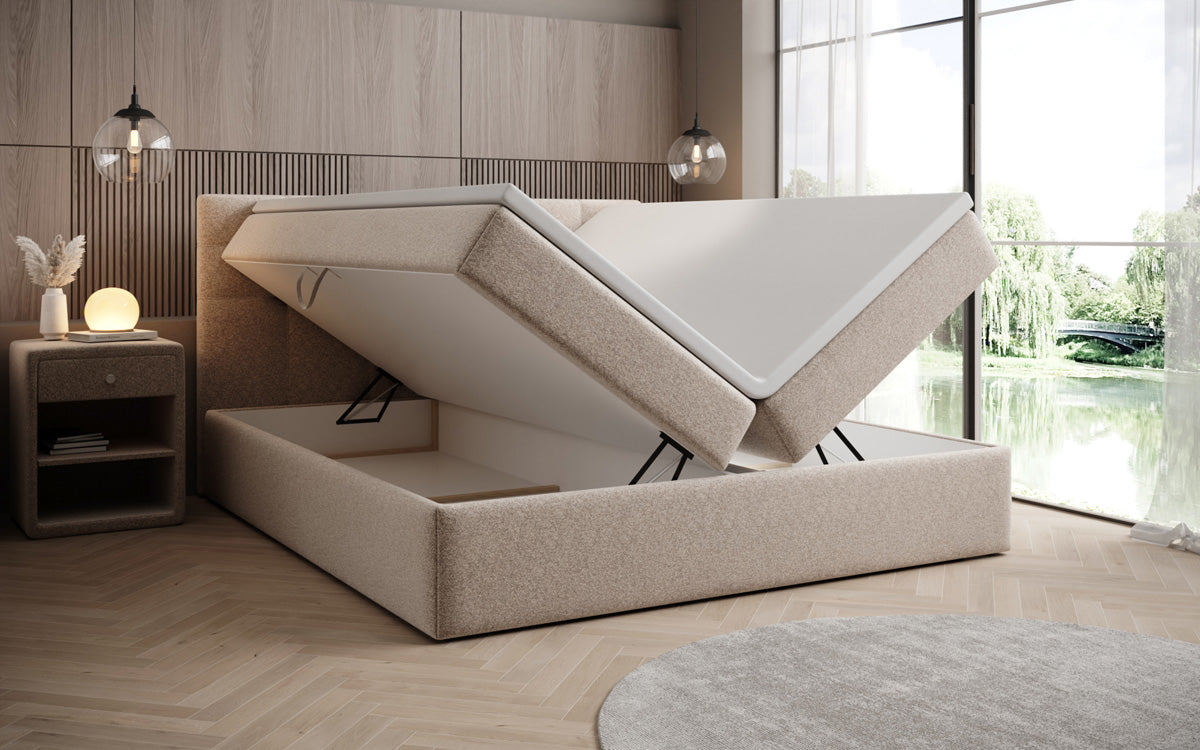 Boxspringbed Lux in structuurstof met opbergruimte