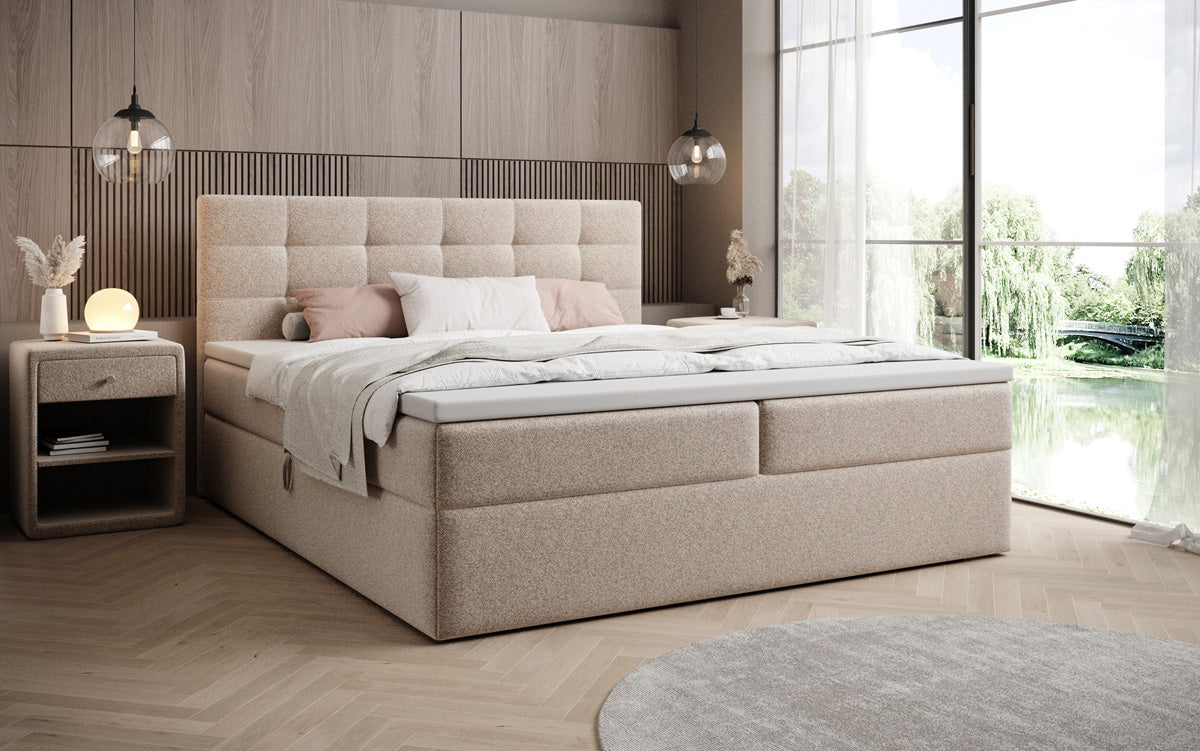 Boxspringbed Lux in structuurstof met opbergruimte
