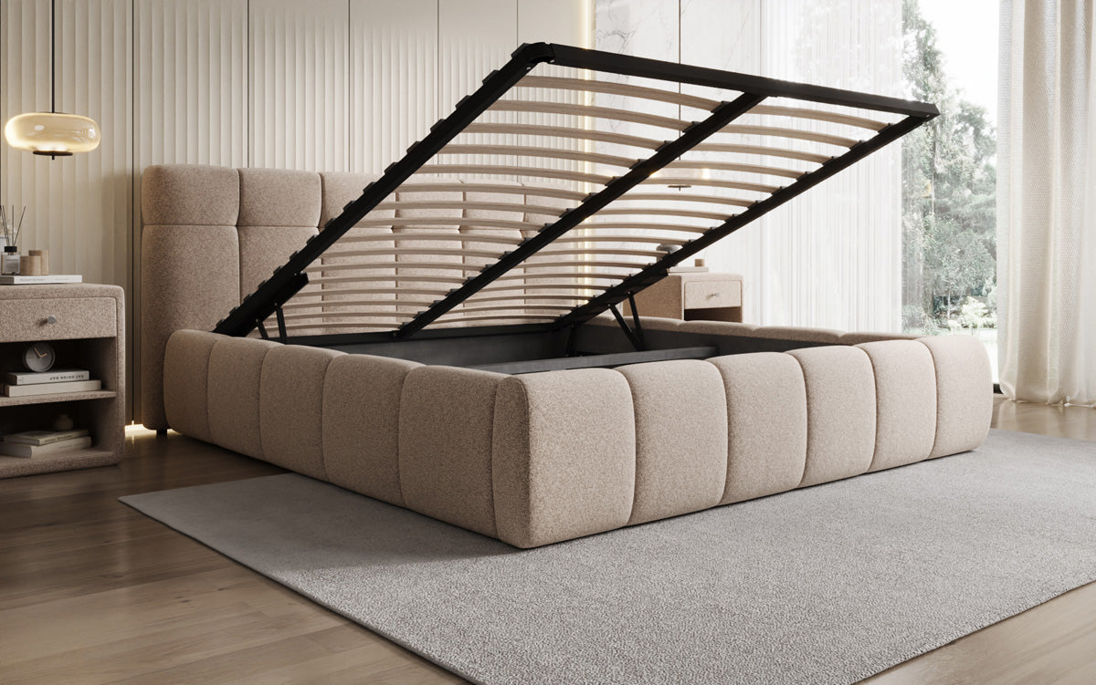 Design gestoffeerd bed Helena in structuurstof met opbergruimte