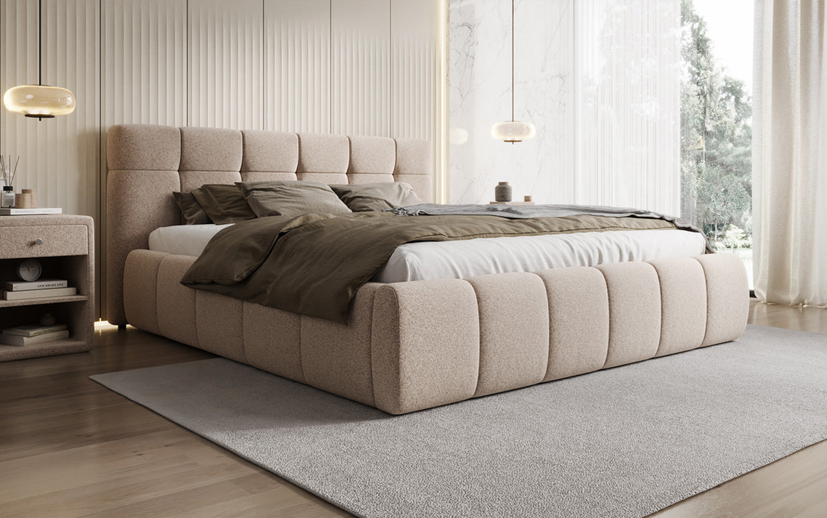 Design gestoffeerd bed Helena in structuurstof met opbergruimte