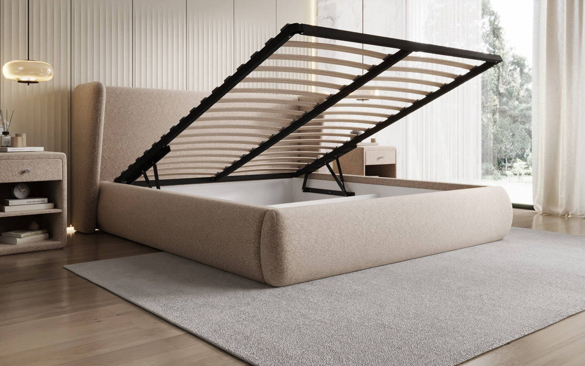 Designer gestoffeerd bed Rosalie in structuurstof met opbergruimte