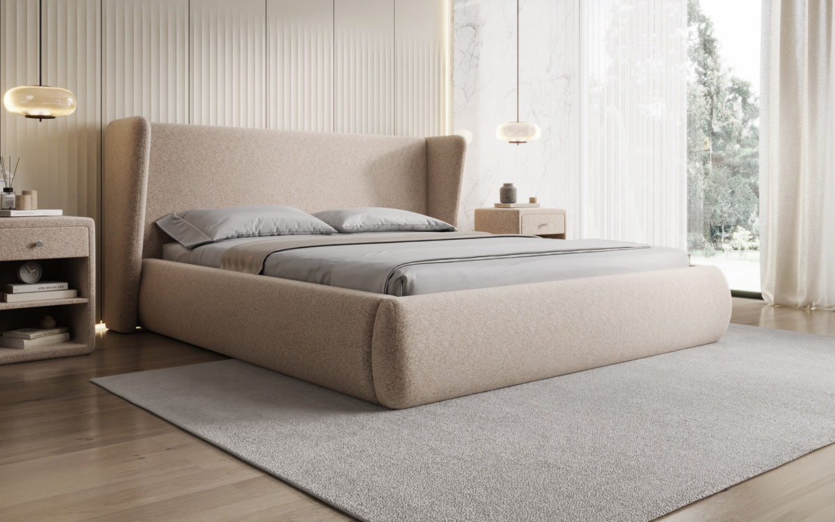 Designer gestoffeerd bed Rosalie in structuurstof met opbergruimte