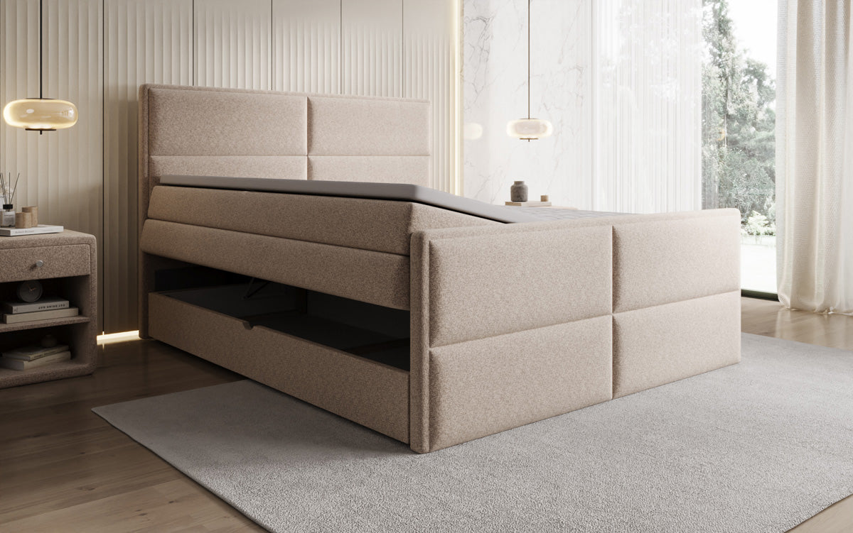 Boxspringbed Viola in structuurstof met opbergruimte