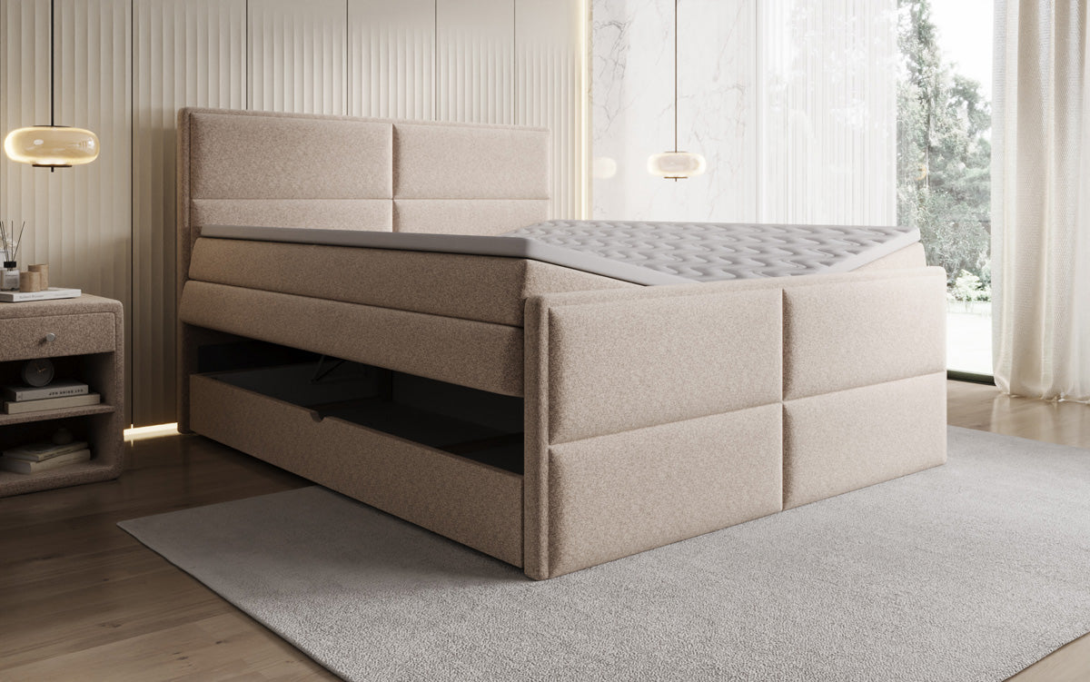 Boxspringbed Viola in structuurstof met opbergruimte