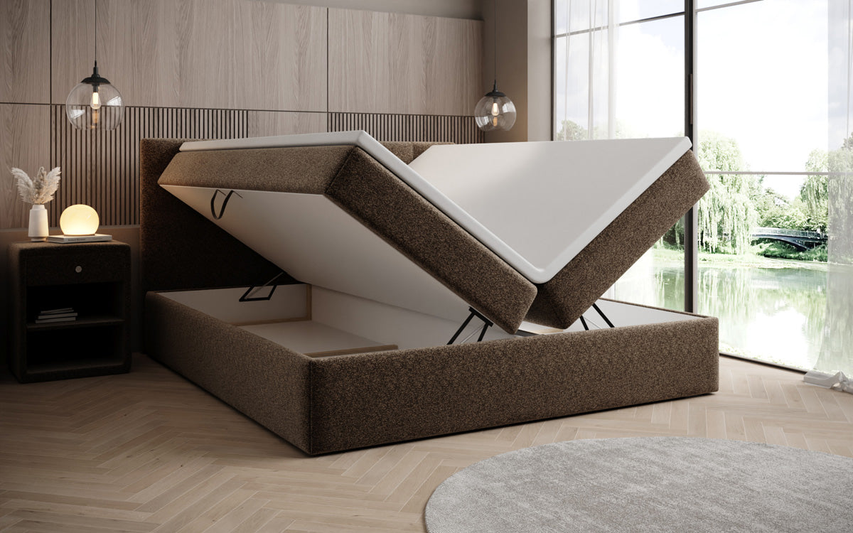 Boxspringbed Lux in structuurstof met opbergruimte