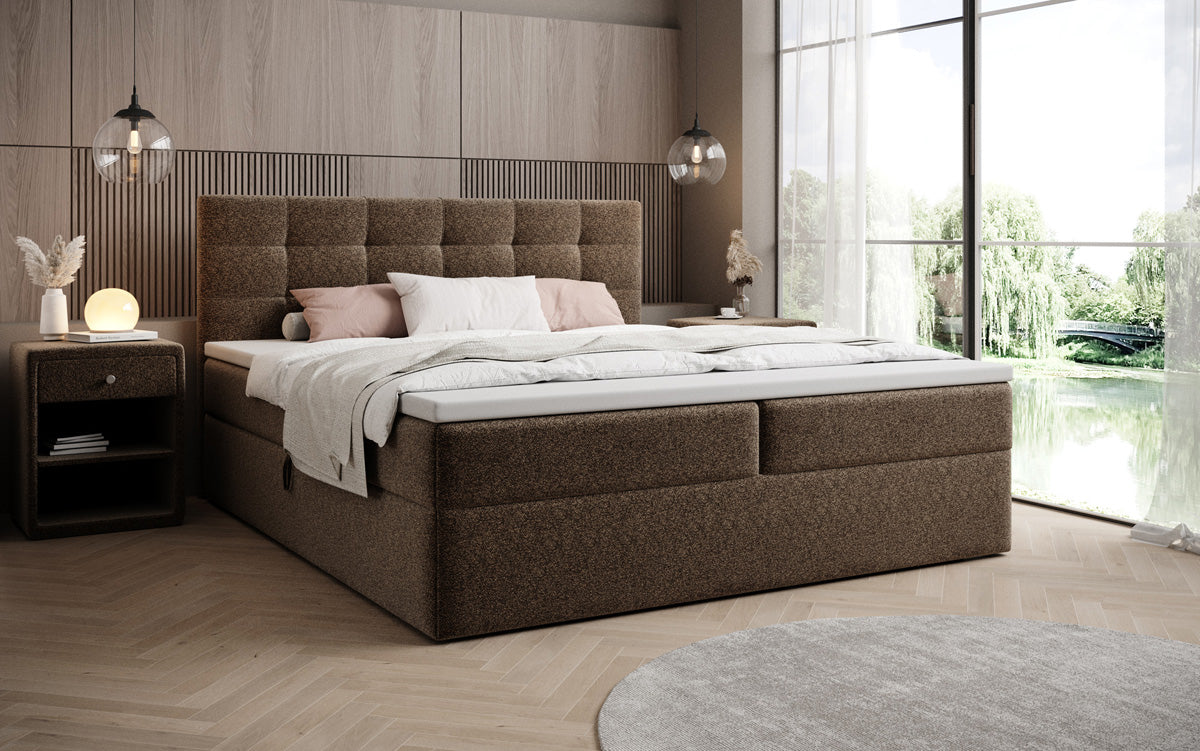 Boxspringbed Lux in structuurstof met opbergruimte