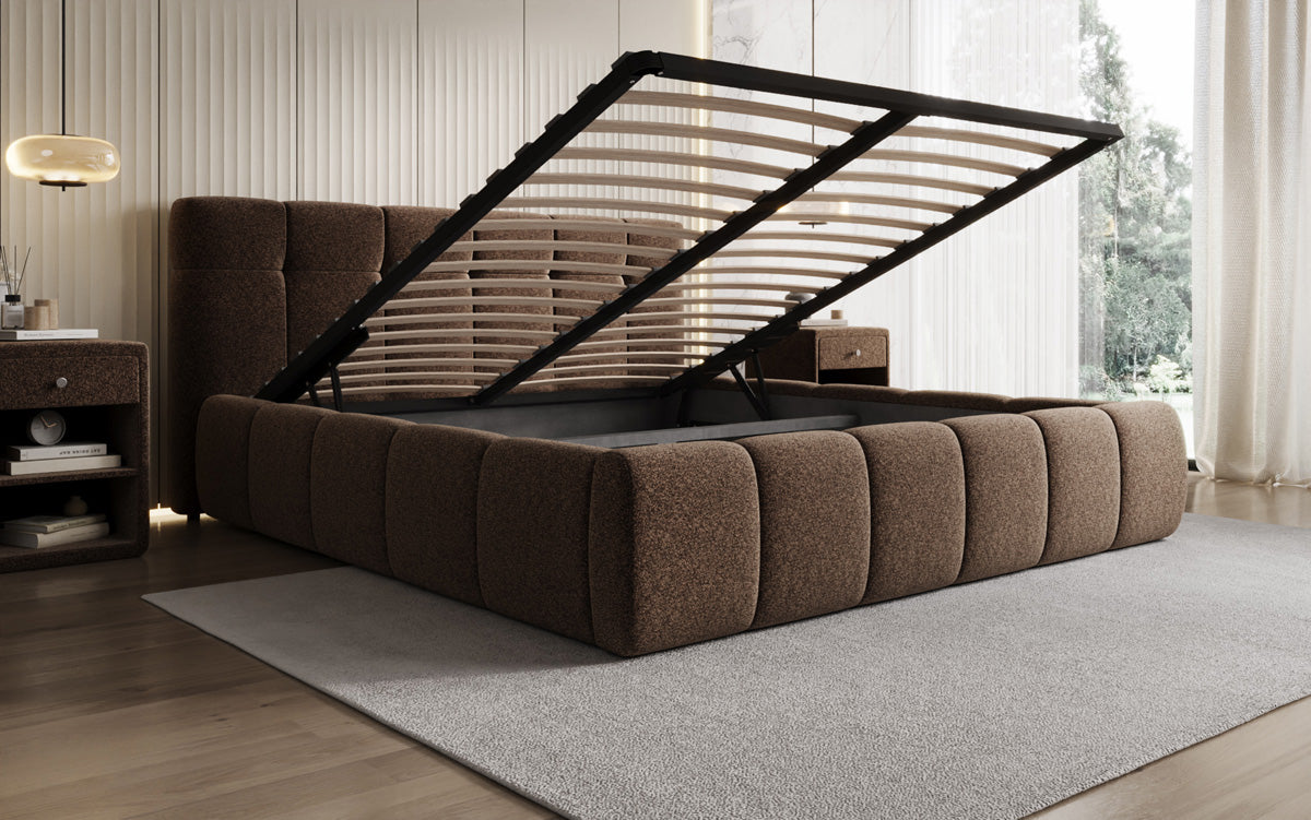 Design gestoffeerd bed Helena in structuurstof met opbergruimte
