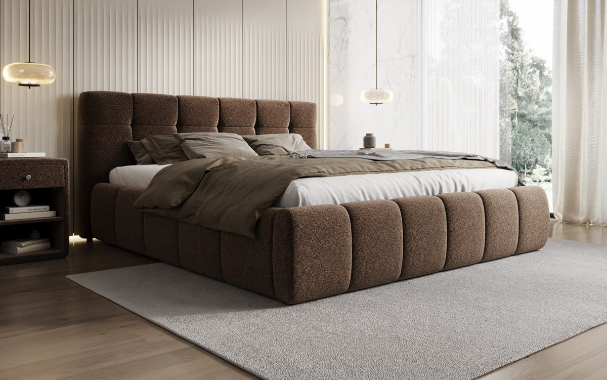 Design gestoffeerd bed Helena in structuurstof met opbergruimte