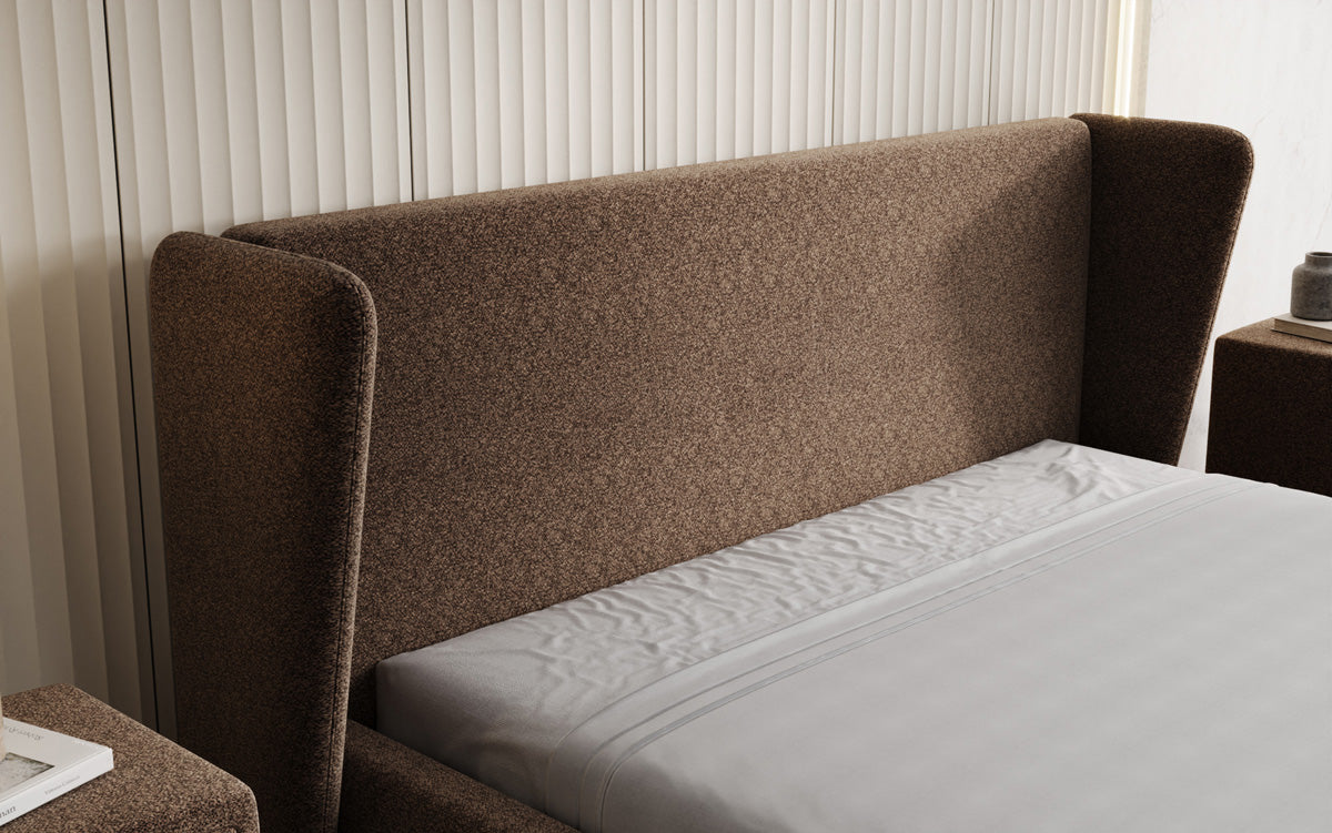 Designer gestoffeerd bed Rosalie in structuurstof met opbergruimte