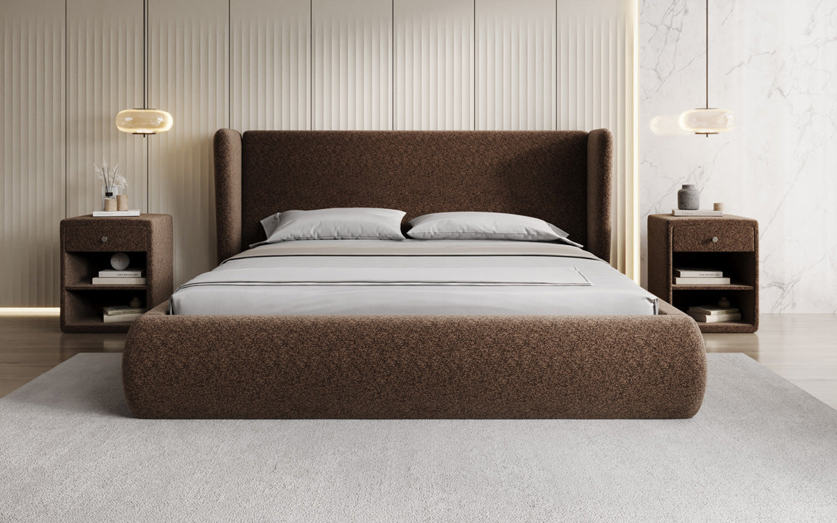 Designer gestoffeerd bed Rosalie in structuurstof met opbergruimte