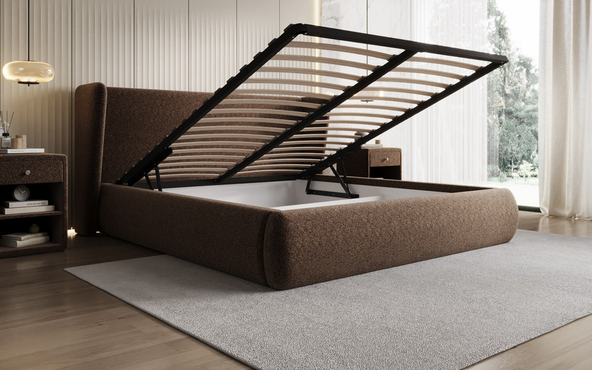 Designer gestoffeerd bed Rosalie in structuurstof met opbergruimte