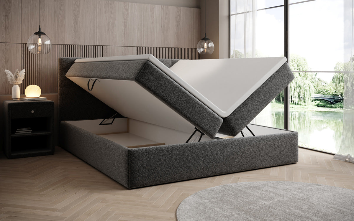 Boxspringbed Lux in structuurstof met opbergruimte