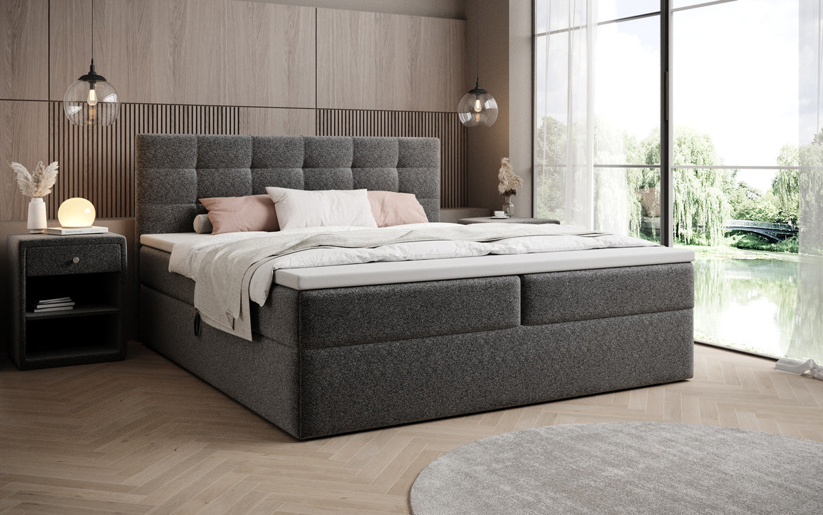 Boxspringbed Lux in structuurstof met opbergruimte