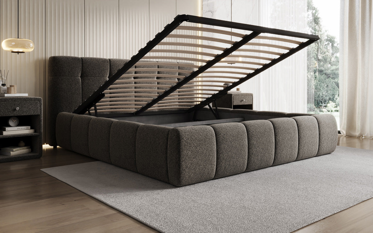 Design gestoffeerd bed Helena in structuurstof met opbergruimte