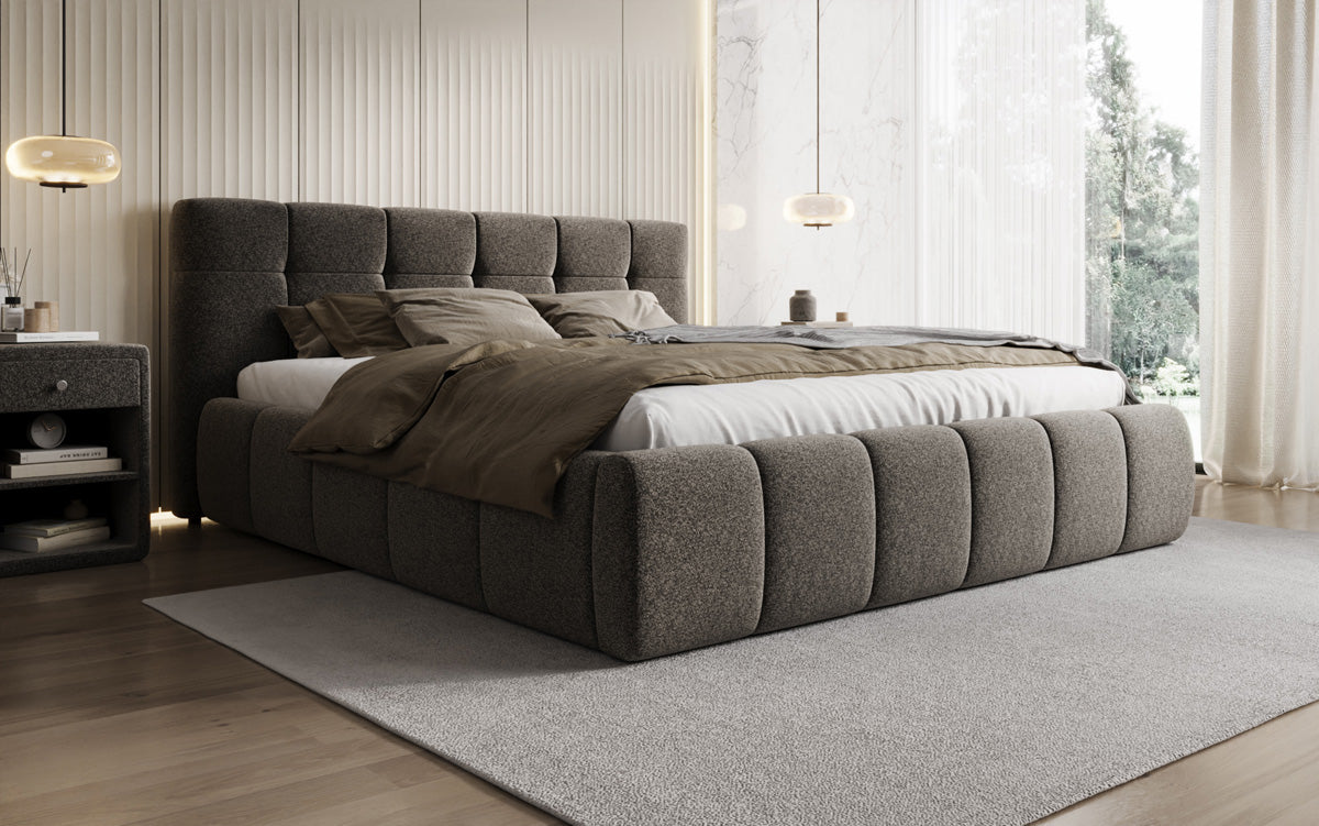 Design gestoffeerd bed Helena in structuurstof met opbergruimte