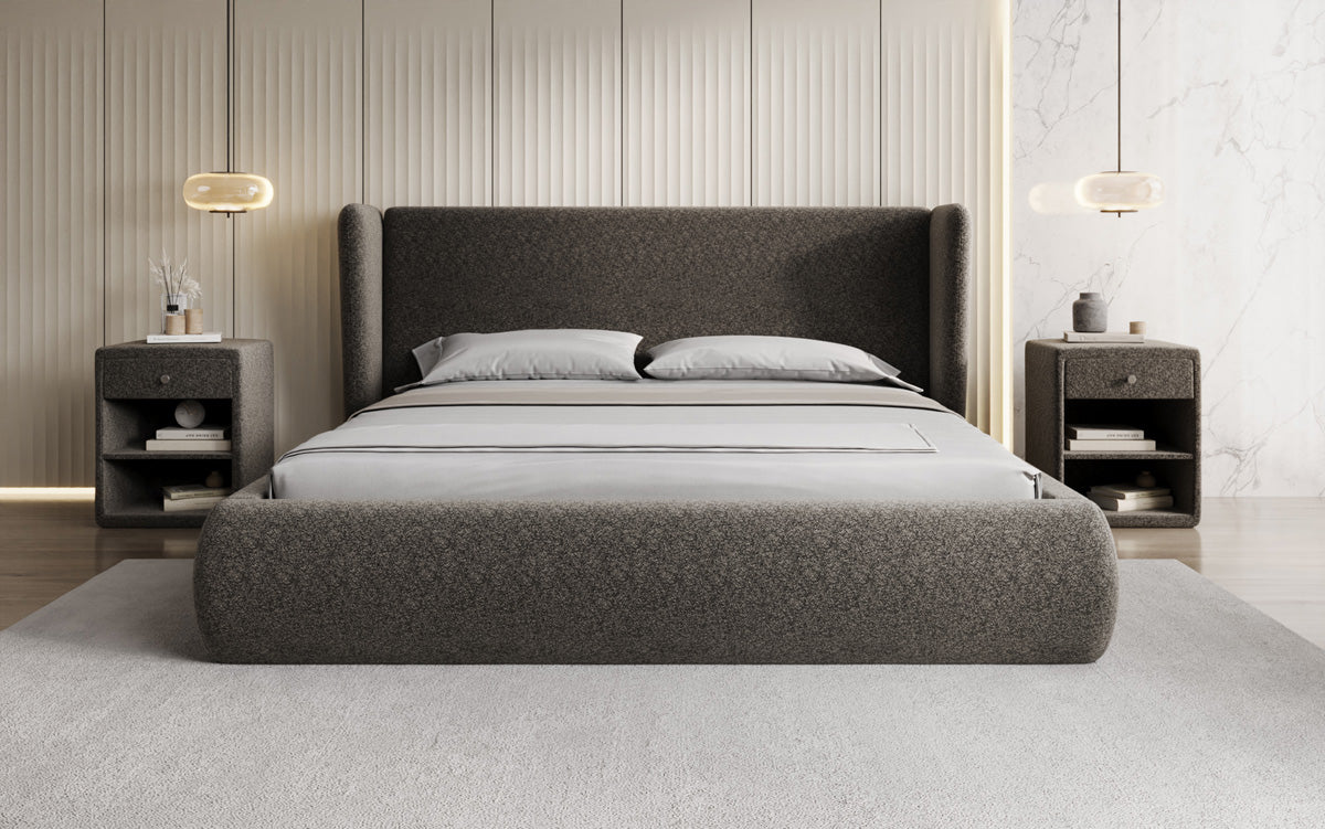 Designer gestoffeerd bed Rosalie in structuurstof met opbergruimte