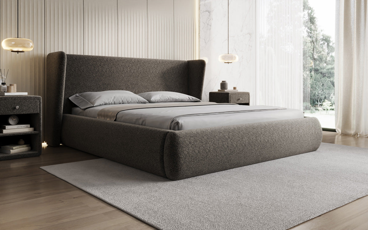 Designer gestoffeerd bed Rosalie in structuurstof met opbergruimte