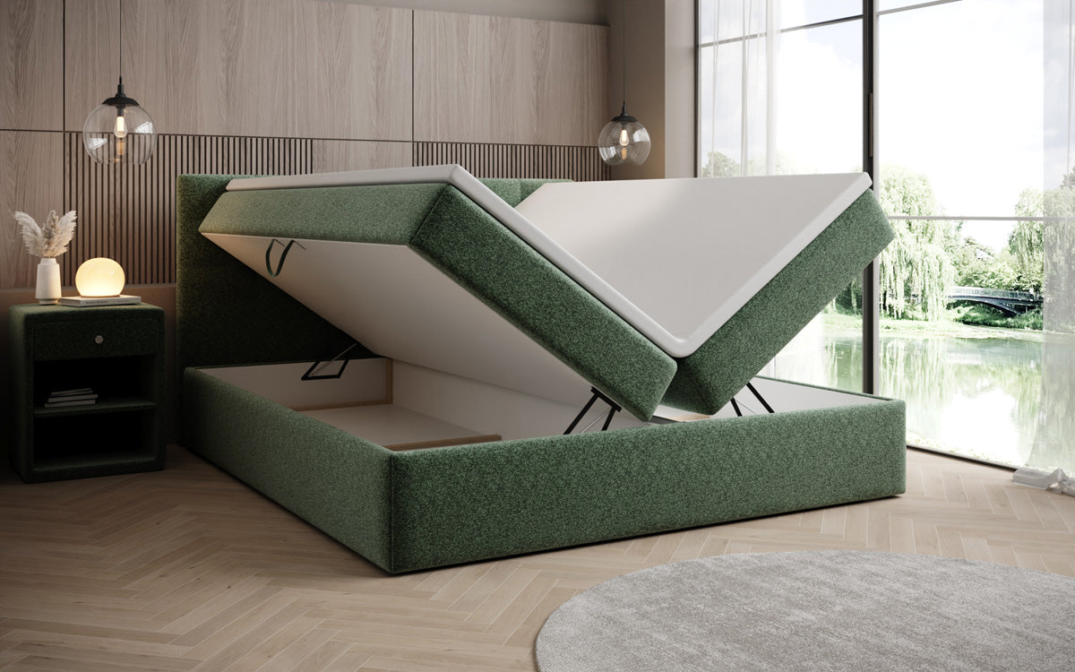 Boxspringbed Lux in structuurstof met opbergruimte