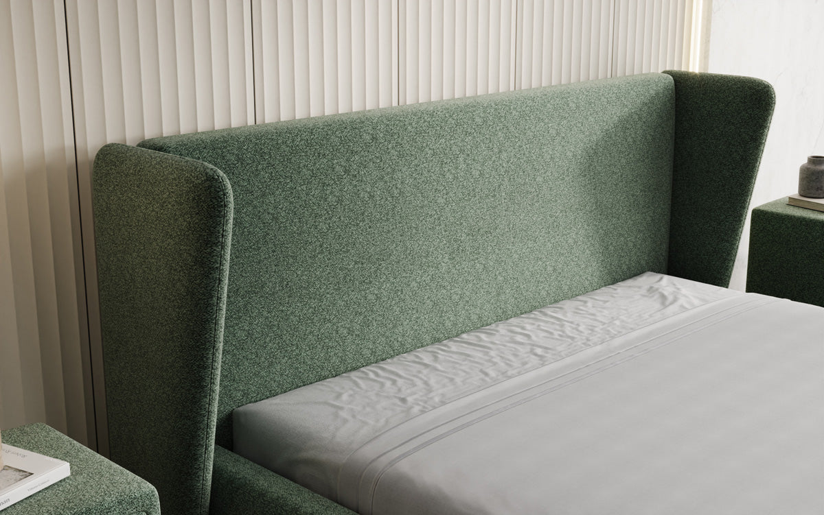 Designer gestoffeerd bed Rosalie in structuurstof met opbergruimte