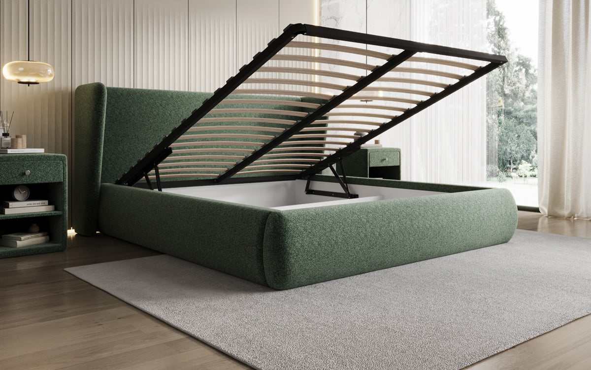 Designer gestoffeerd bed Rosalie in structuurstof met opbergruimte