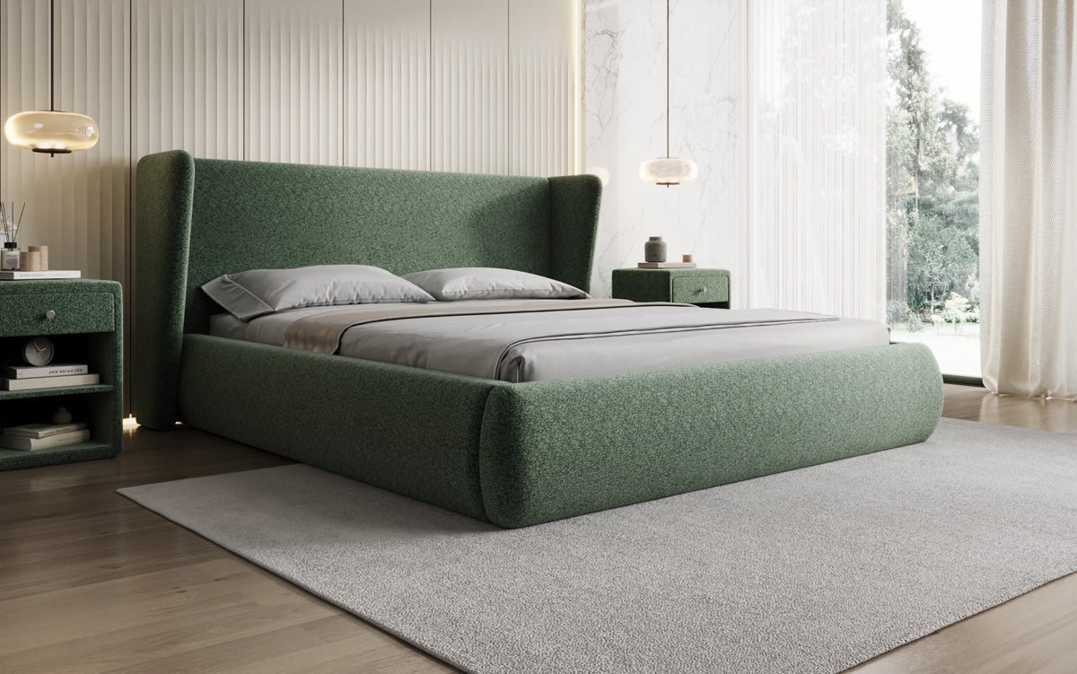 Designer gestoffeerd bed Rosalie in structuurstof met opbergruimte