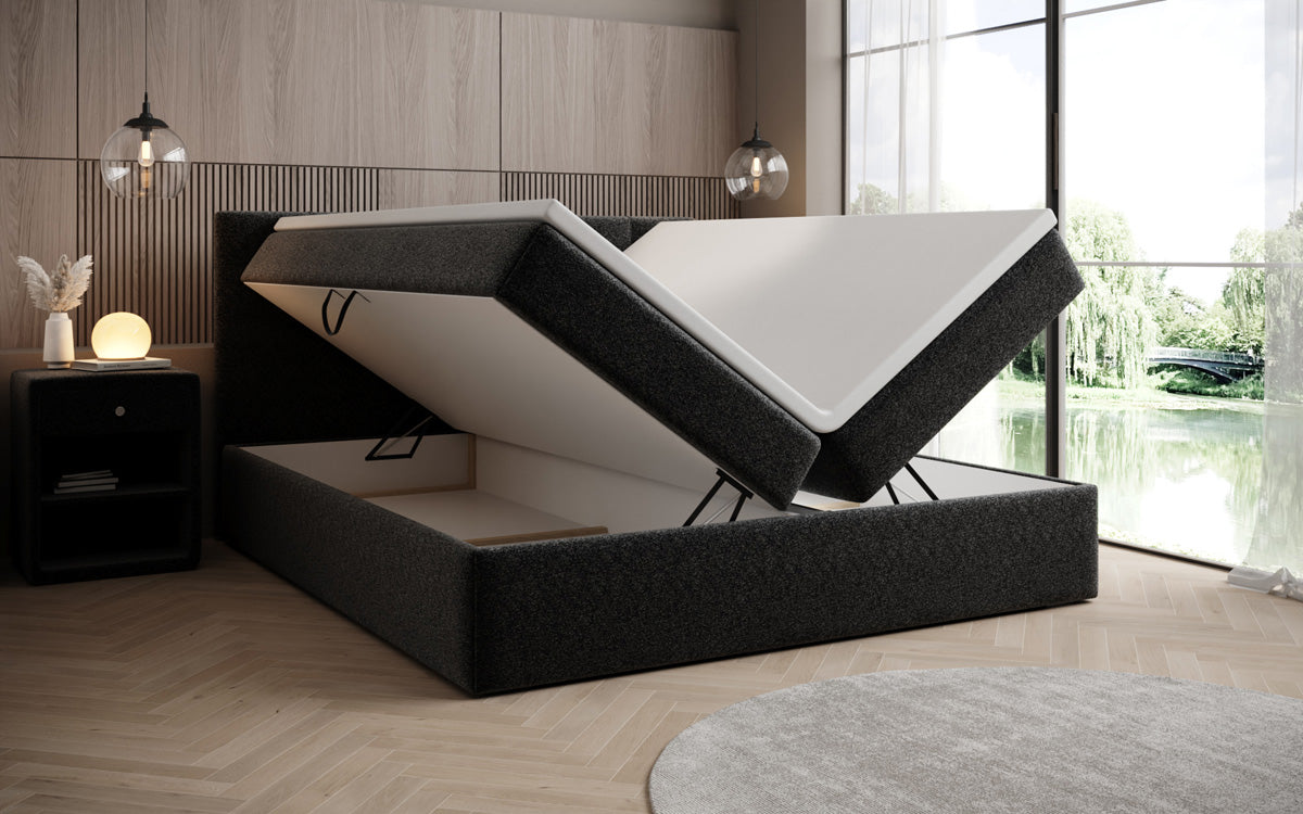 Boxspringbed Lux in structuurstof met opbergruimte