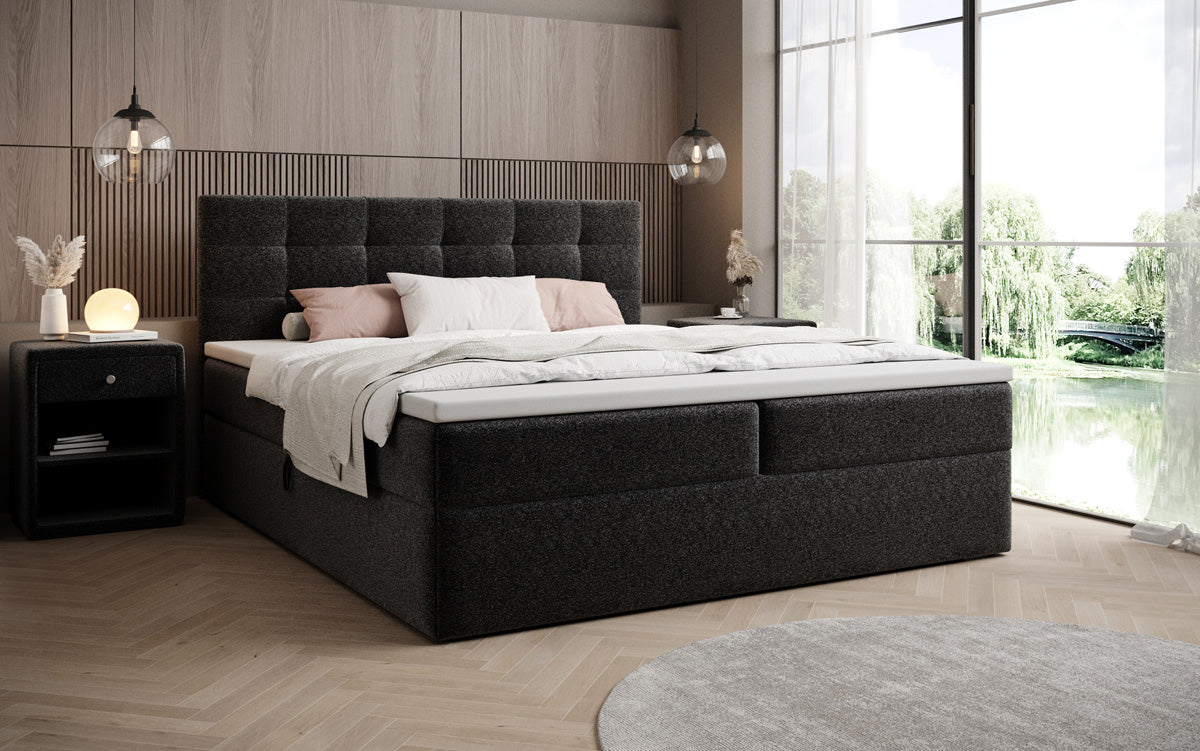 Boxspringbed Lux in structuurstof met opbergruimte