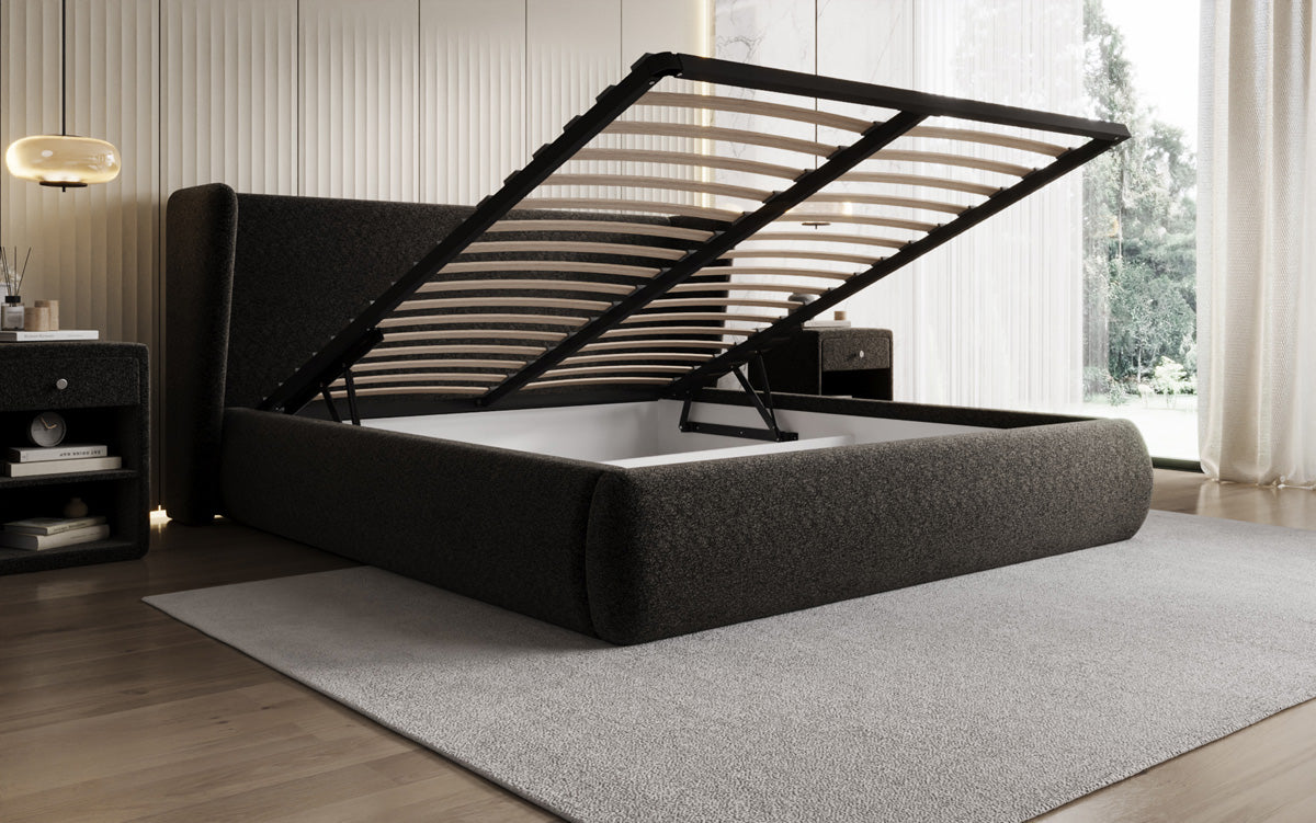 Designer gestoffeerd bed Rosalie in structuurstof met opbergruimte