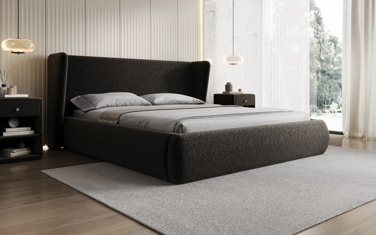 Designer gestoffeerd bed Rosalie in structuurstof met opbergruimte