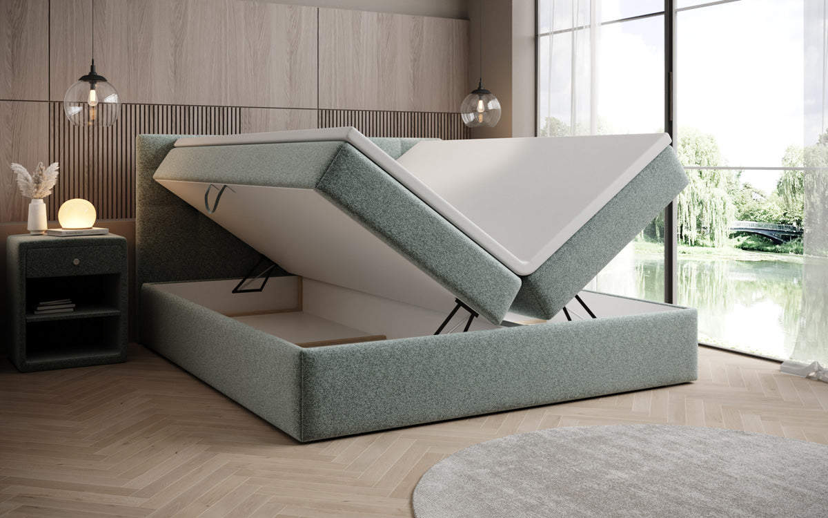 Boxspringbed Lux in structuurstof met opbergruimte
